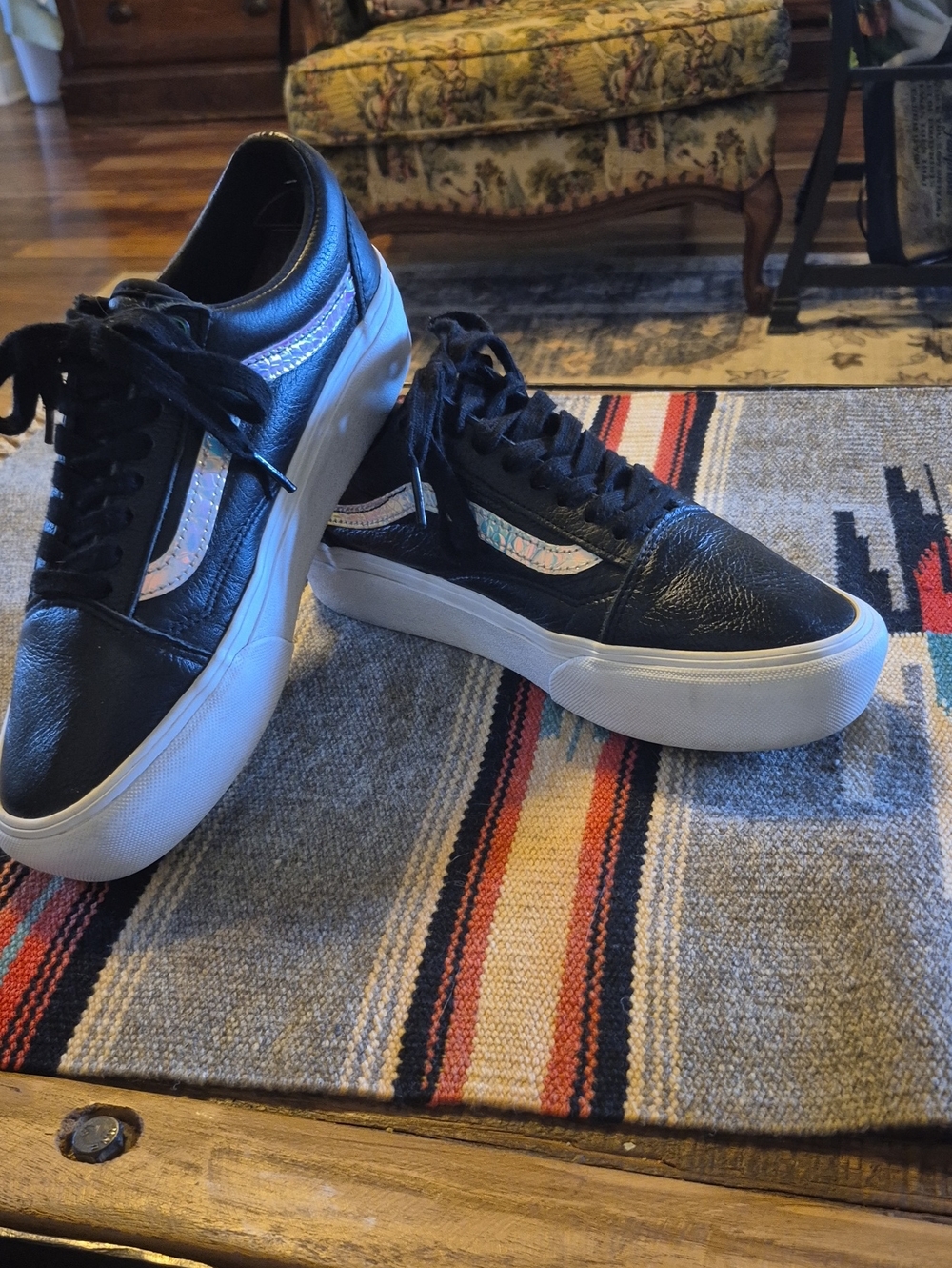 Vans Old Skool Irridised Racing Stripe Black Leather Womens Sz.8. VGC.(#1063sh)